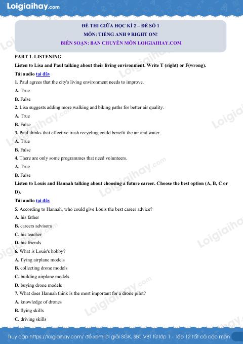 Đề thi giữa kì 2 Tiếng Anh 9 Right on! - Đề số 1